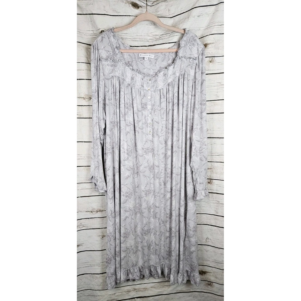 Eileen West Gray Floral Knit Nightgown 2X Long Sleeve Button Ruffle Cottagecore